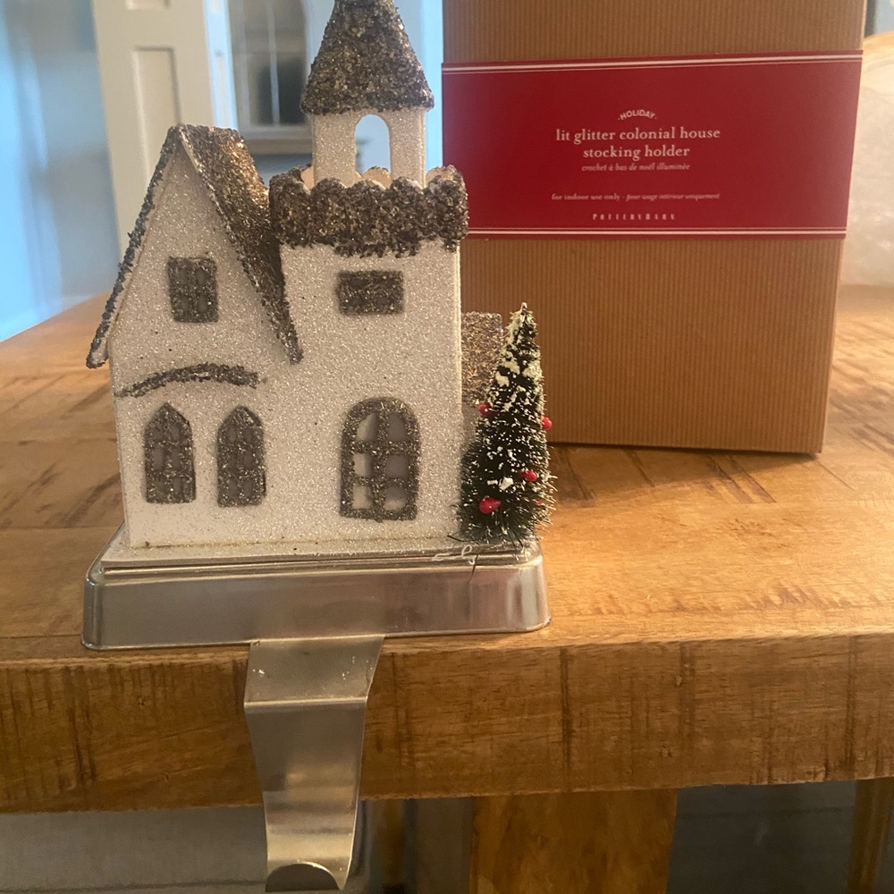 Pottery Barn lit glitter colonial house stocking holder